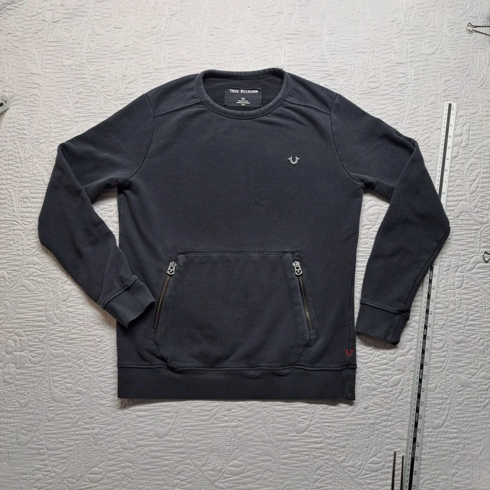 True Religion Sweatshirt Mens Small Black Good Zip Pocket Horseshoe M19FF09N7G